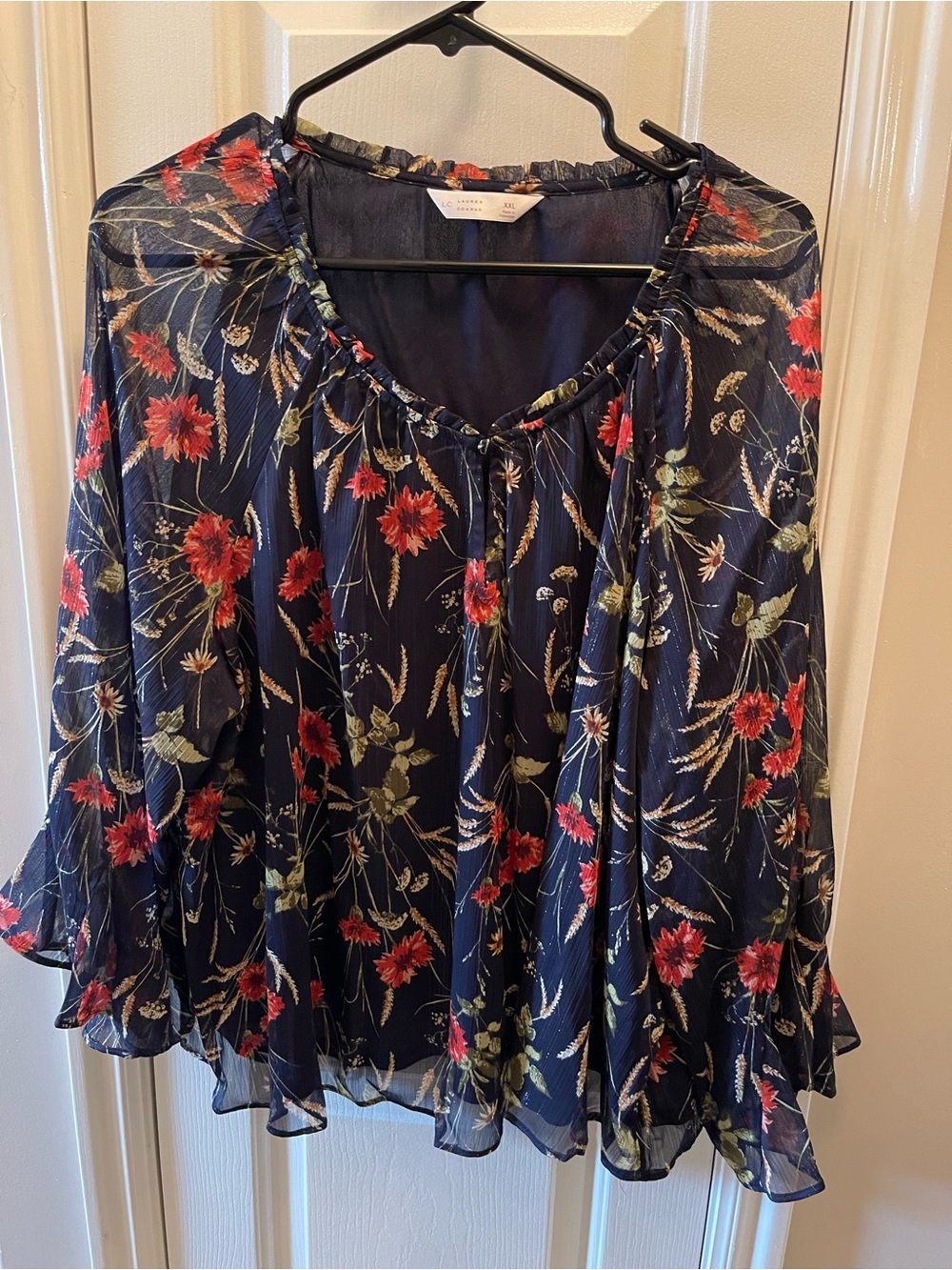 LC Lauren Conrad Navy Blouse with Red and Yellow Floral Print